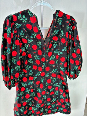 Dresses | Black Red Rose Print Puff Sleeve Mini Dress Large | Poshmark